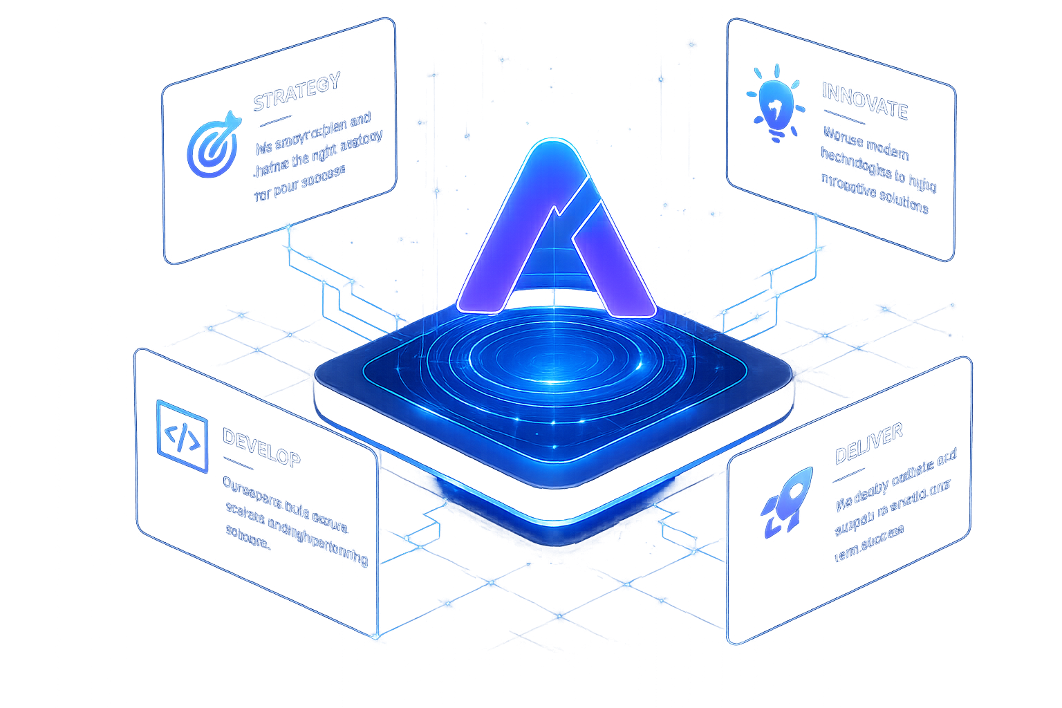 AtechFusion process: Strategy, Innovate, Develop, and Deliver around the AtechFusion logo